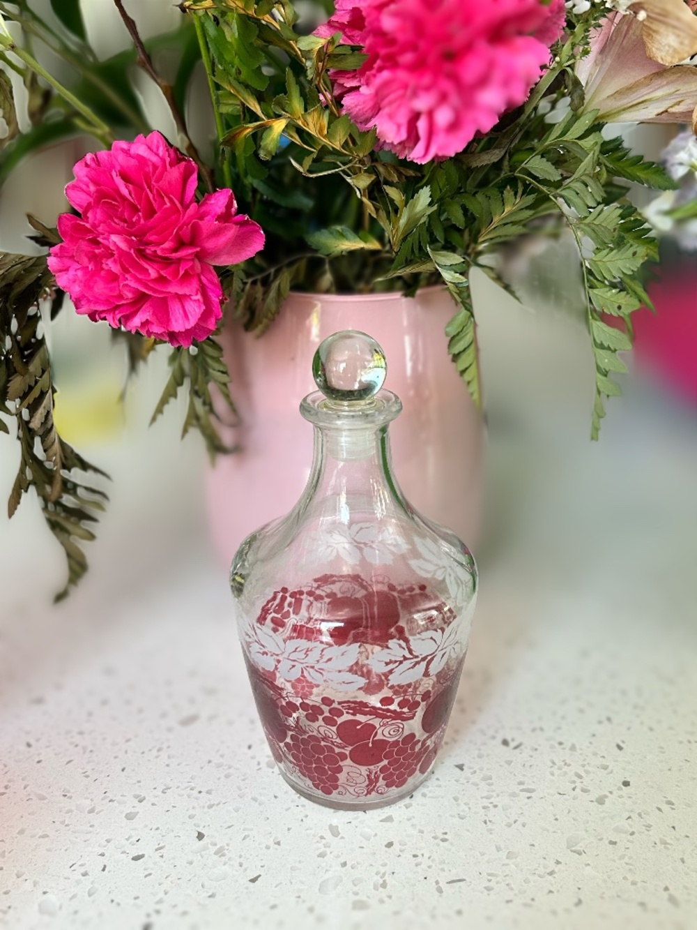 Vintage French Cranberry Etched Glass Cordial Decanter